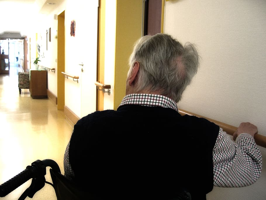 person, sitting, black, wheelchair, white, wearing, shirt, old, age, dementia