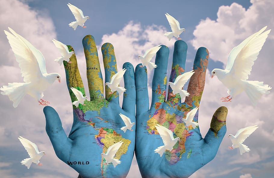 blue, green, painted, palms, white, doves clip art, world, harmony, continents, earth