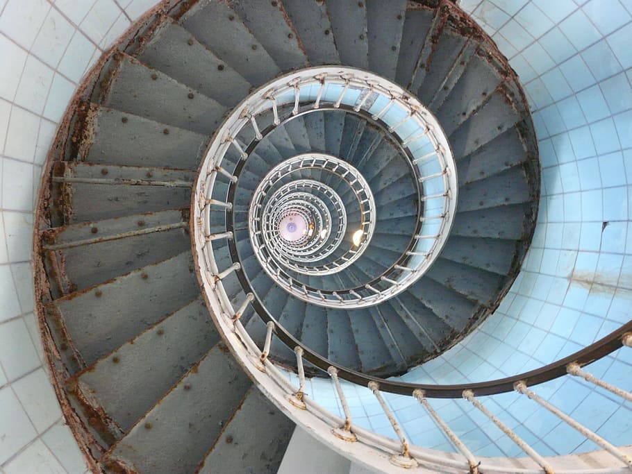 high, angle photo, spiral staircase, photography, sea, lighthouse, ocean, side, atlantic, france