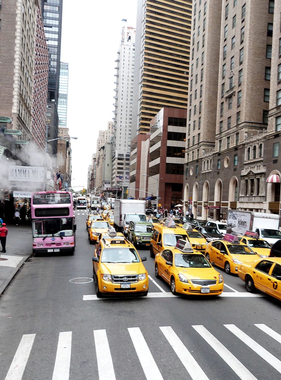 vehicles, travelling, road, buildings, daytime, Yellow Cab, Cab, Cars, Street, Taxi, cab