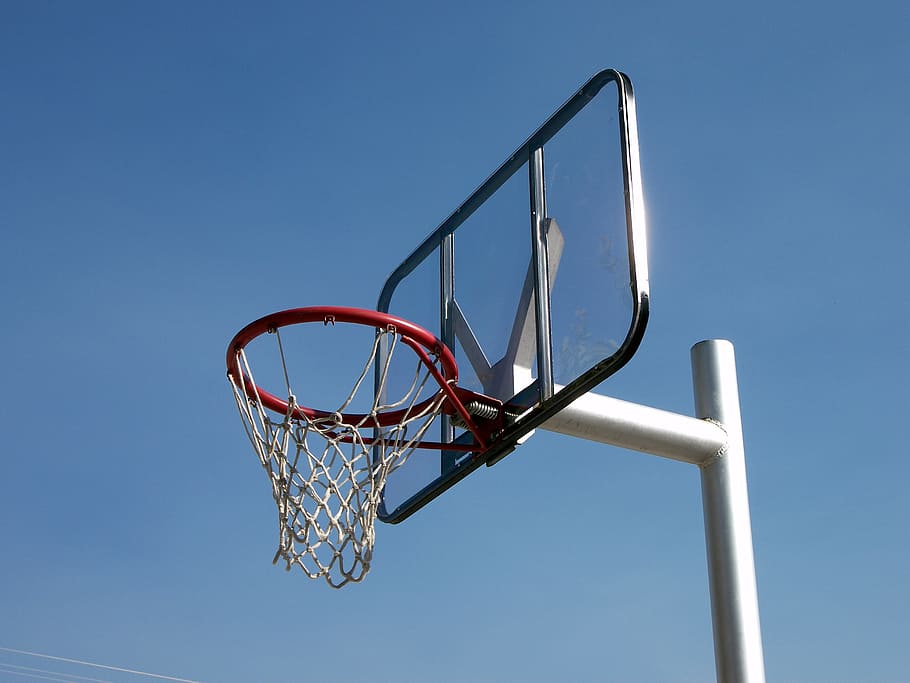 gray, red, metal basketball hoop, basketball hoop, basketball, hoop, sports, game, equipment, goal