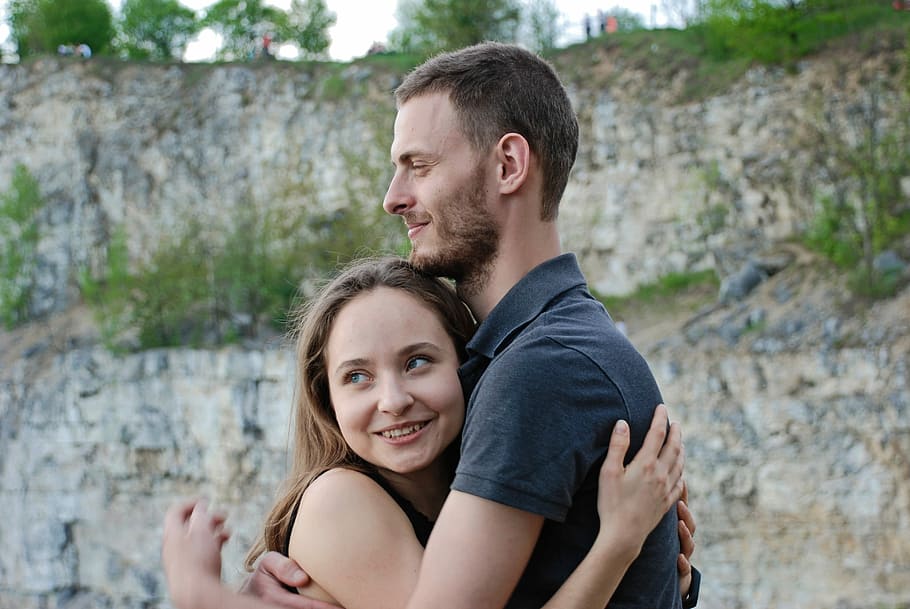 woman hugging man, outdoors, love, nature, couple, lovely, summer, happiness, woman, man