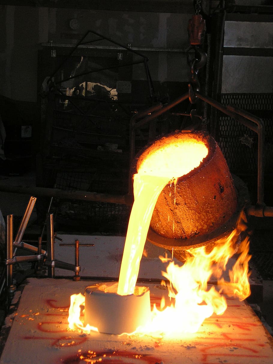melted, metal, pour, container, crucible, foundry, molten, bronze, hot, casting