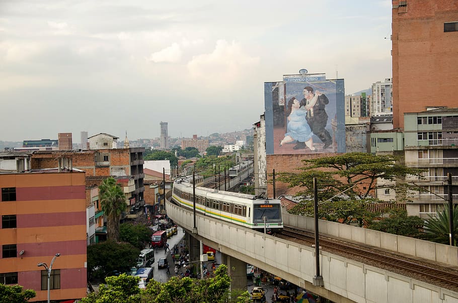 medellin, colombia, train, metro, seemed, railway, town center, botero, mural, means of transport