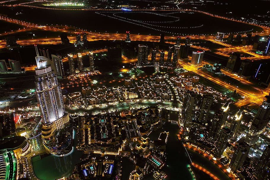 mata burung, melihat foto, gedung tinggi, bangunan, Malam, Dubai, Pemandangan, diterangi, kehidupan malam, tidak ada orang