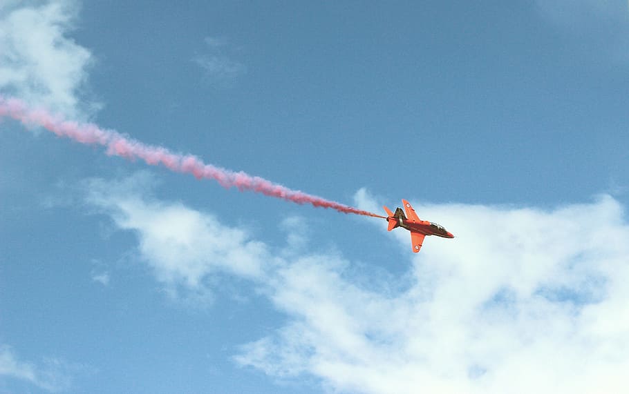 orange, plane, pink, smoke, jetplane, flying, white, clouds, daytime, jet