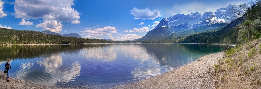 panorama de montaña, eibsee, lago, bergsee, paisaje, agua, baviera, naturaleza, reflejo de agua, montañas