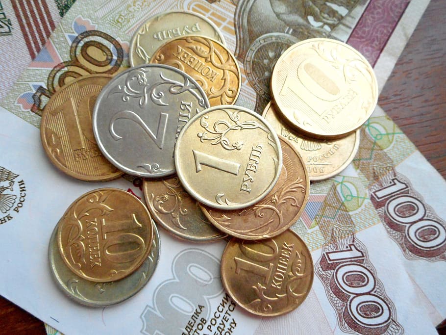 Monedas, moneda, dinero, bagatela, ruso, rublo, billetes, dinero en efectivo, puñado, macro