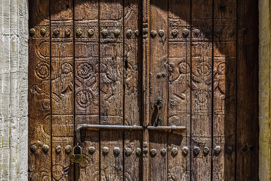 cyprus, athienou, ayios georgios, door, wood carved, wooden, gate, entrance, church, old