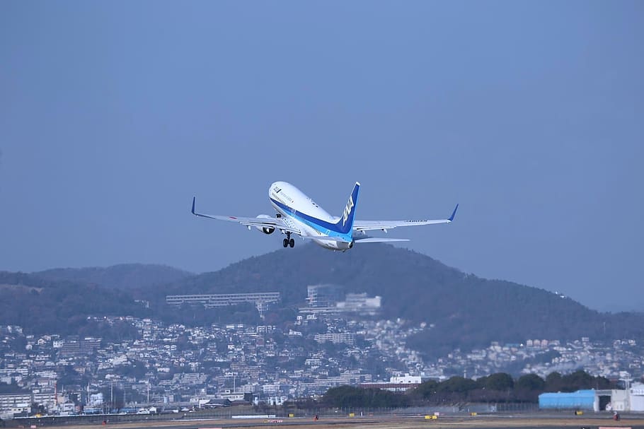 japan, osaka, airplane, aircraft, blue sky, boeing 737, all nippon airways, landscape, osaka airport, sky park