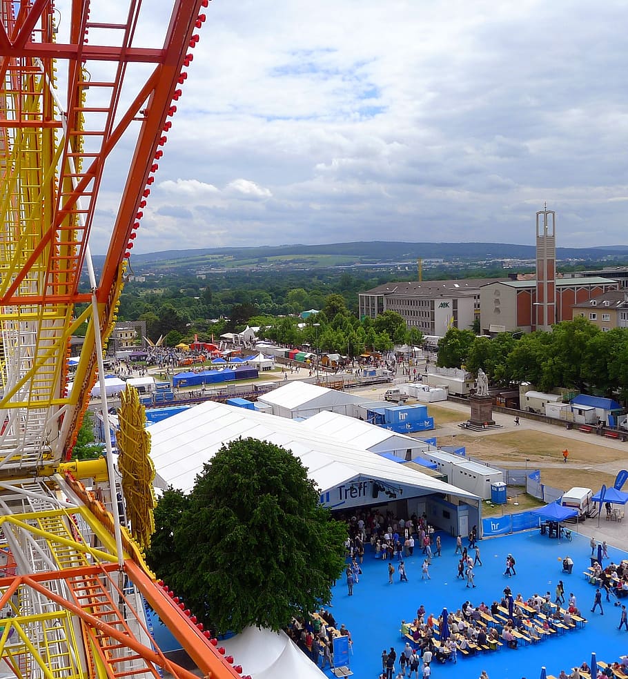 folk festival, kassel, hesse, germany, hessian, friedrichsplatz, aerial view, ferris wheel, marquee, from above
