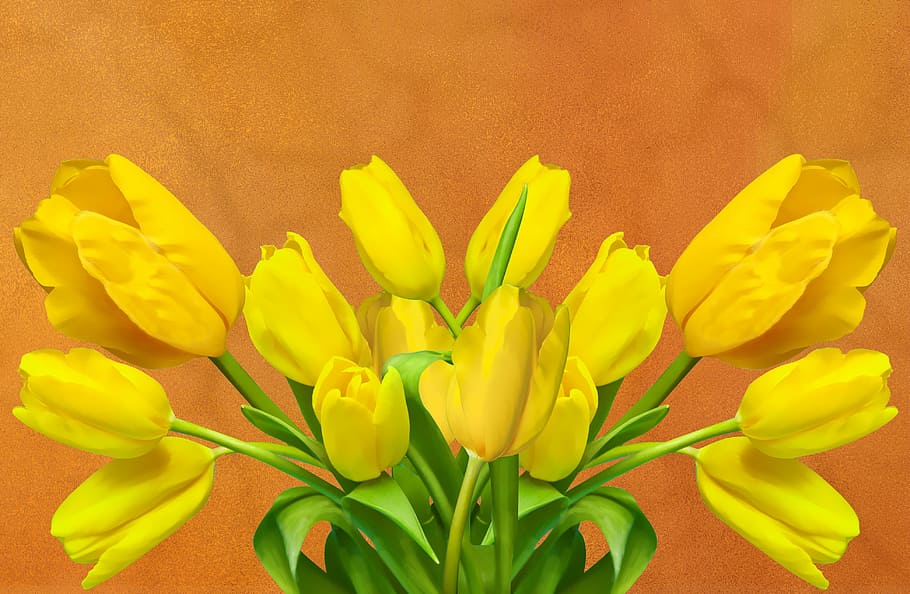 yellow, tulips bouquet painting, tulip, flower, nature, plant, floral, leaf, garden, leaves