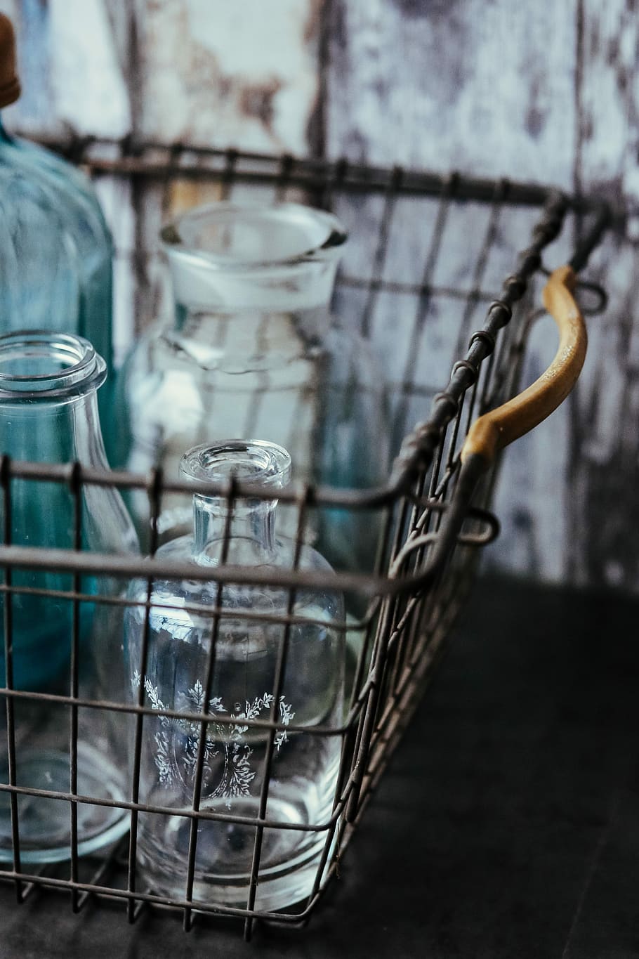 bottles, metal mesh basket, Collection, metal, mesh, basket, vintage, retro, indoors, day