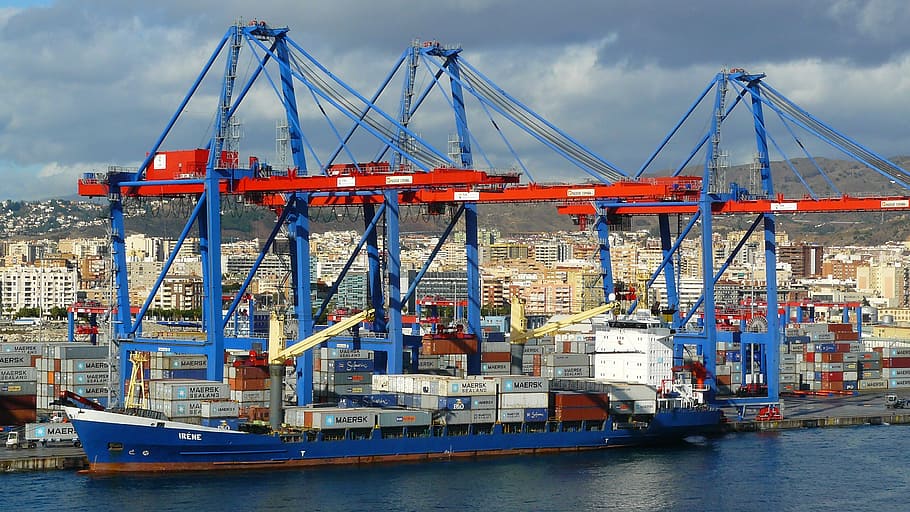 Azul, rojo, barco, edificios, puerto de contenedores, puerto, costa, arquitectura, barcos, grúas