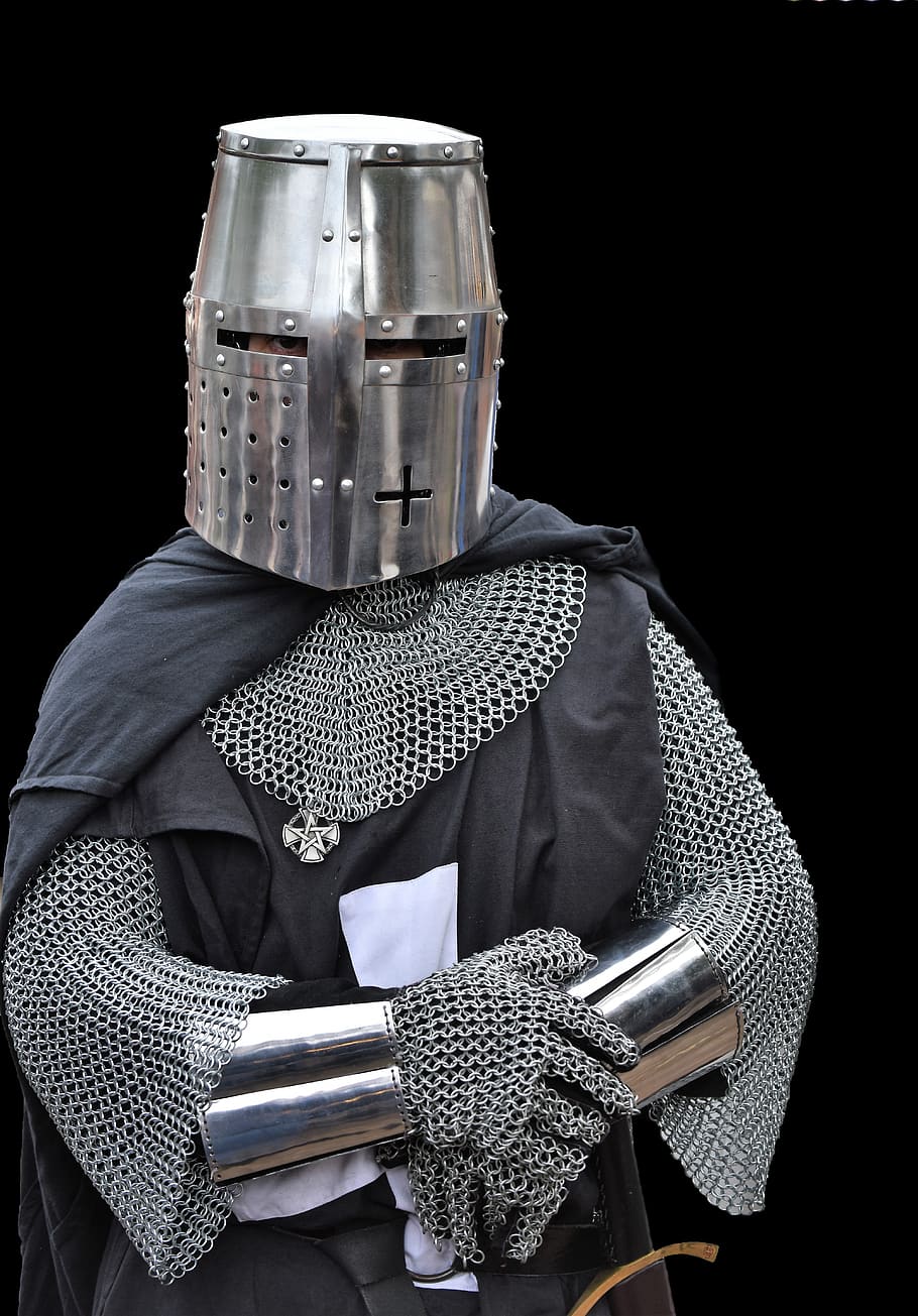 knight, middle ages, helm, castle, costume, medieval, armor, metal, black background, studio shot
