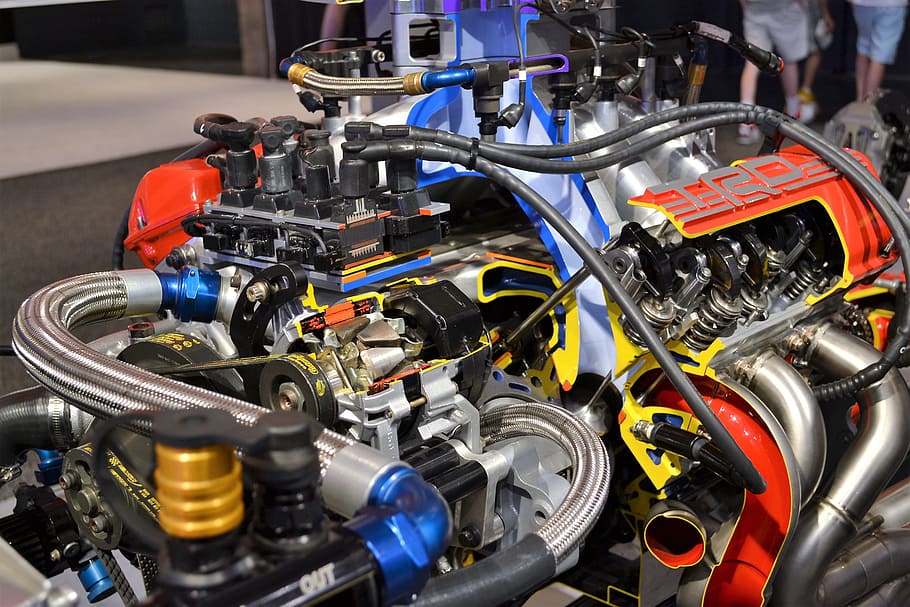 gray, vehicle engine display, race car engine, super charged, piston, wires, charged, hot, dragster, electric