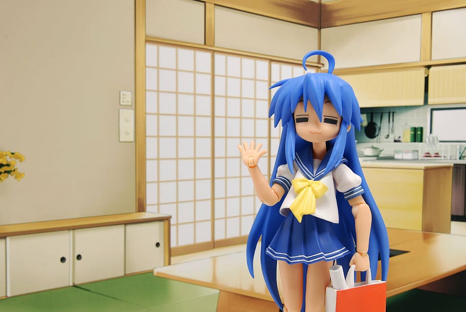 azul, cabelos, feminino, personagem de anime, exploração, saco de papel, figura, uma pessoa, dentro de casa, comprimento de três quartos