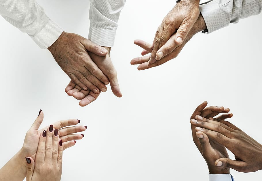 four, person, hand, clapping, white, background, teamwork, cooperation, partnership, man