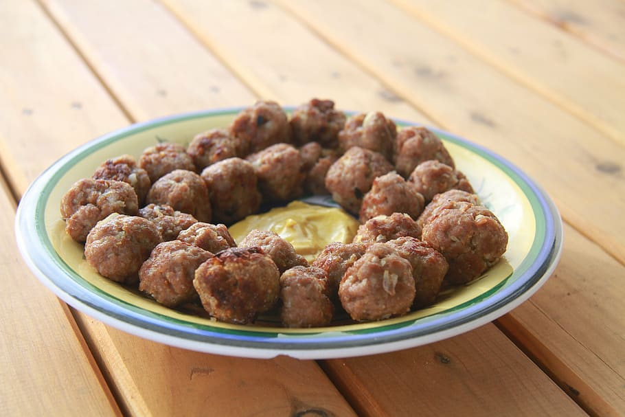 meat balls, mustard, savory, meat, red, balls, roast, lunch, food, beef