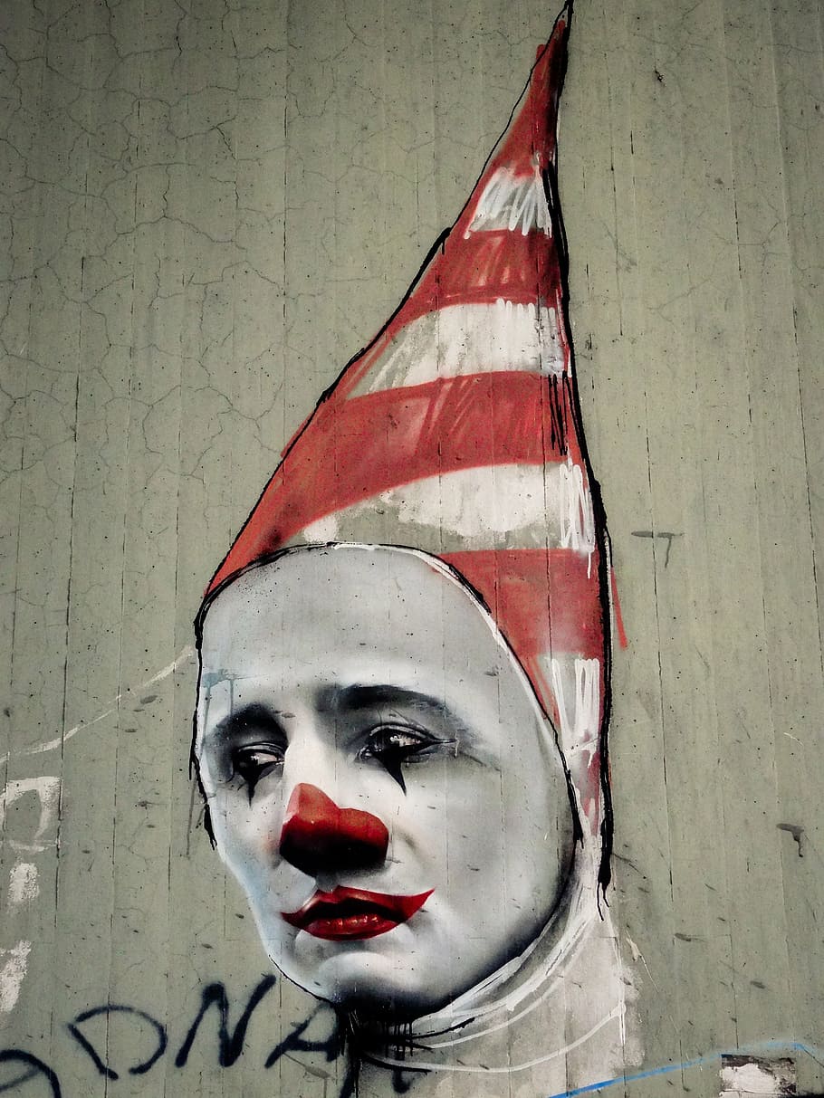 dinding badut paintin, grafiti, badut, wajah, karnaval, topeng, kepala, dekorasi, sirkus, kismis merah