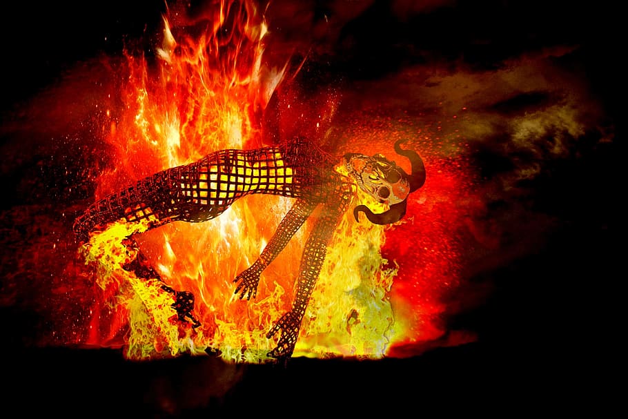 Ilustración de la hoguera, fuego, quemadura, infierno, incendio, diablo de fuego, figura, incendio provocado, combustión, llama