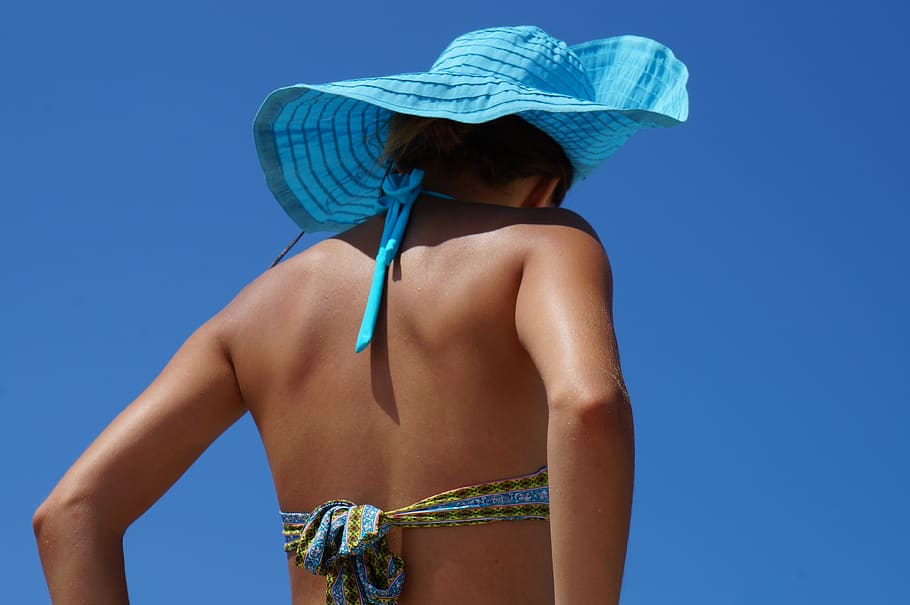 girl, hat, hot, lady, sea, sky, sunshine, swimwear, vacation, woman
