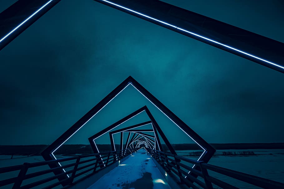 black, bridge, surrounded, body, water, pathway, leading, blue, sky, rail