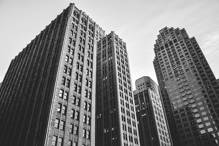 buildings, architecture, city, urban, high rise, downtown, sky, clouds, black and white, business