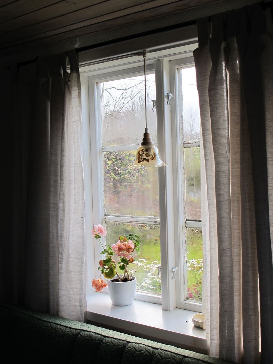 Jendela, Torp, Rumah Musim Panas, Geranium, warna merah muda, lampu jendela, romantis, atmosfer, alam, pemandangan