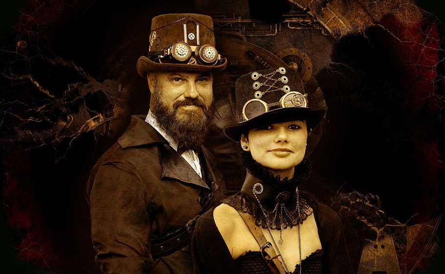 steampunk, mecánica, cosplay, fantasía, sombrero, gafas, engranajes de reloj, electricidad, engranajes, victoriano