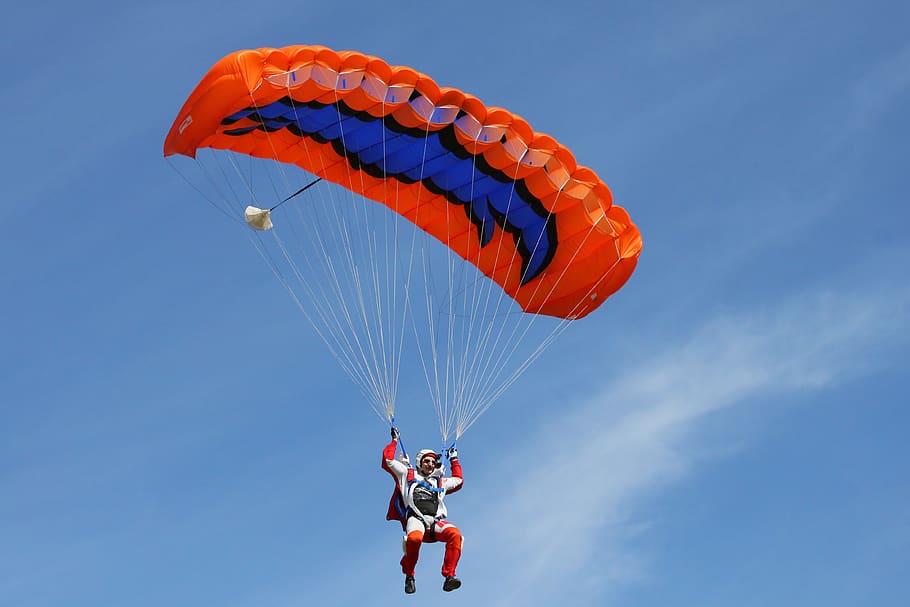 parachute, flying, paragliding, sky, adventure, extreme sports, mid-air, leisure activity, sport, blue