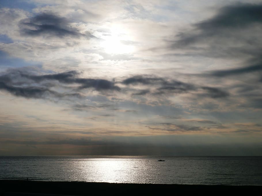morning, sea, light, darkness, gray, black, sun, cloud, sky, fishing boat