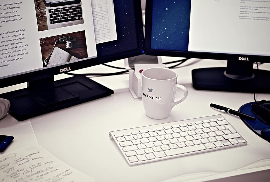 white, desk, office, monitor, computer, coffee, mug, mac, keyboard, minimal