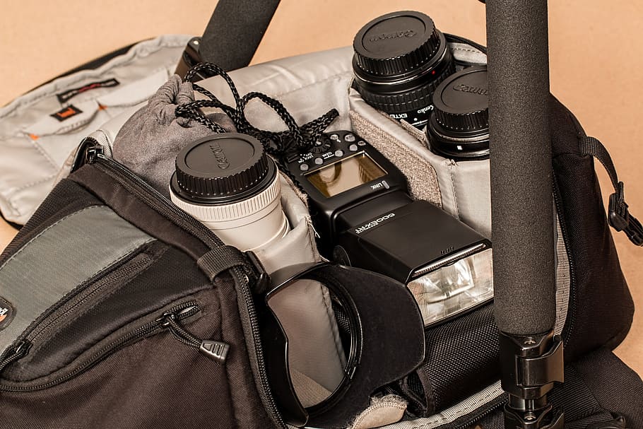 hitam, abu-abu, dslr kit kamera, di dalam, tas, fotografi, peralatan fotografi, kamera, fotografer, lensa