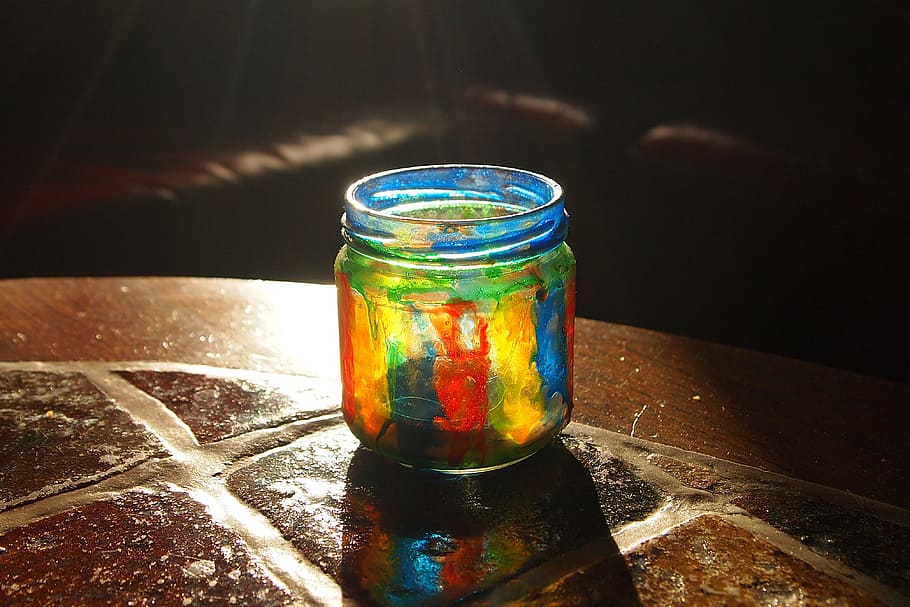 azul, verde, vermelho, matizado, jarra de vidro, vidro, jarra, pintura de vidro, mexer, tintura