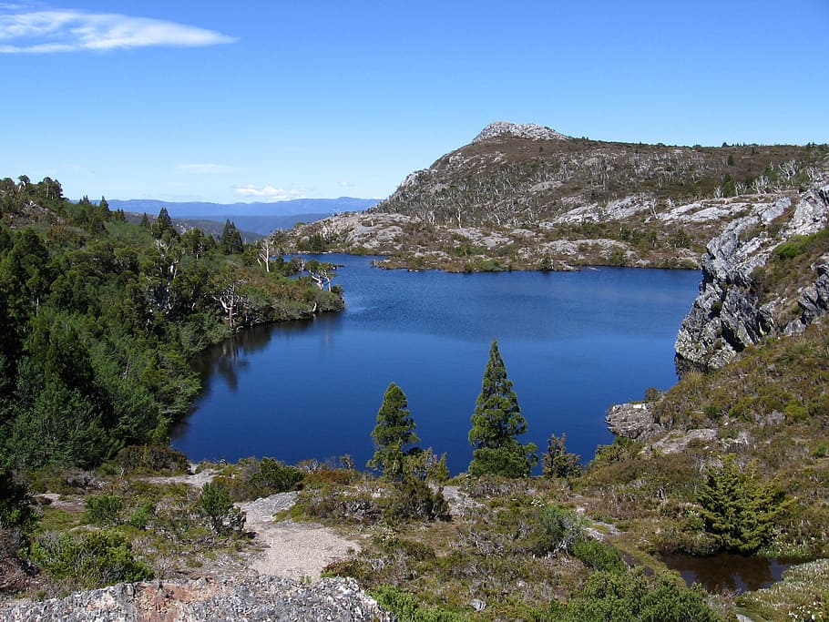 body, water, surrounded, mountain, tasmania, hiking, track, mountains, lake, landscape