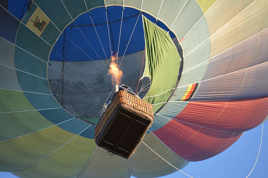 penerbangan, balon, api, udara panas, tempat sampah daur ulang, multi-warna, balon udara panas, hari, di luar ruangan, petualangan