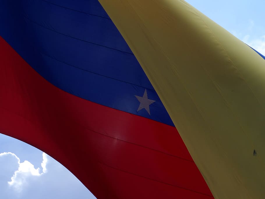 Flag, Venezuela, Clouds, red, blue, patriotism, multi colored, outdoors, sky, low angle view