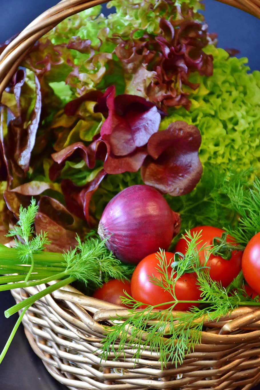 tomato fruits, onion bulb, basket, salad, tomatoes, mixed salad, onion, dill, red onion, lollo rosso