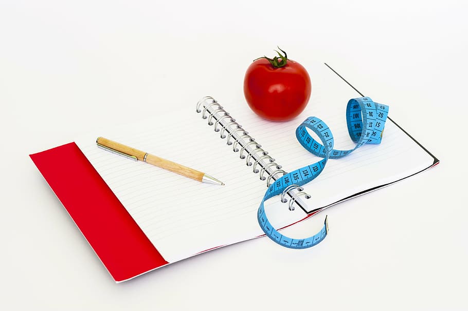 Brown, bolígrafo, blanco, cuaderno, azul, medición, cinta, avisos, dieta, grasa