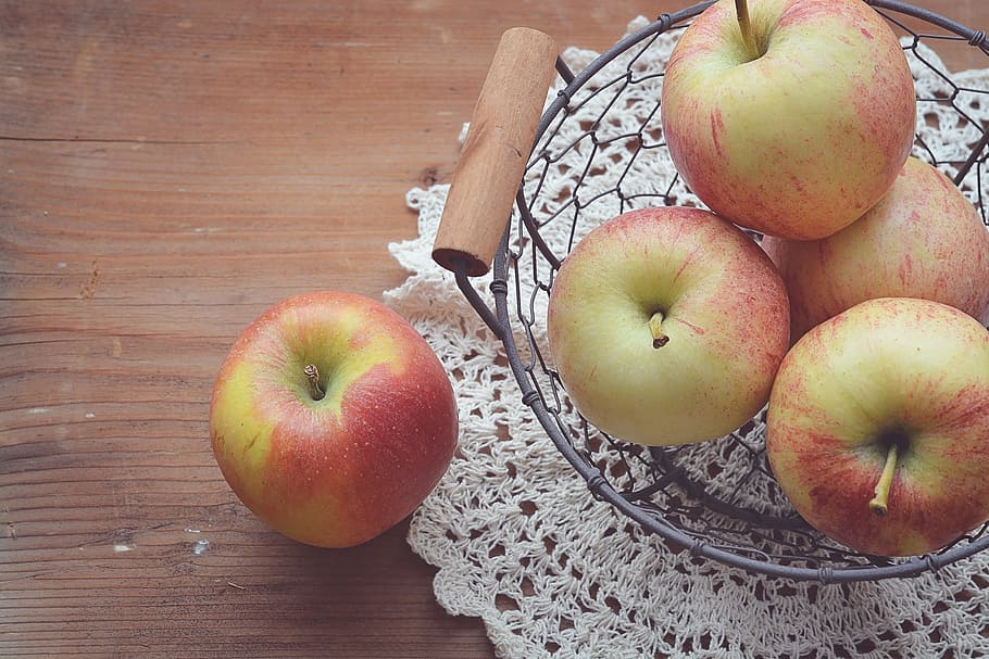 four, apples, black, mesh bowl, apple, basket, fruit, healthy, food, fruit basket