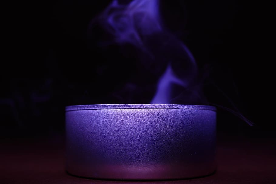 recipiente de vidrio, humo, violeta, oscuro, noche, luz, vela, púrpura, fondo negro, quema