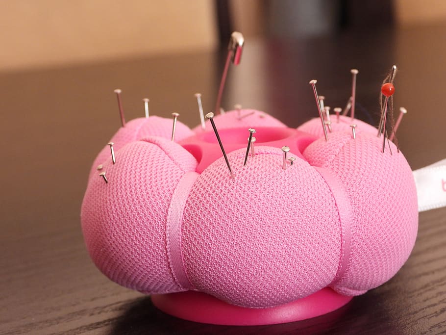 tailoring, cushion needle tailoring, pins, needles, assistant tailors, seamstress, pink, sewing, pink color, close-up