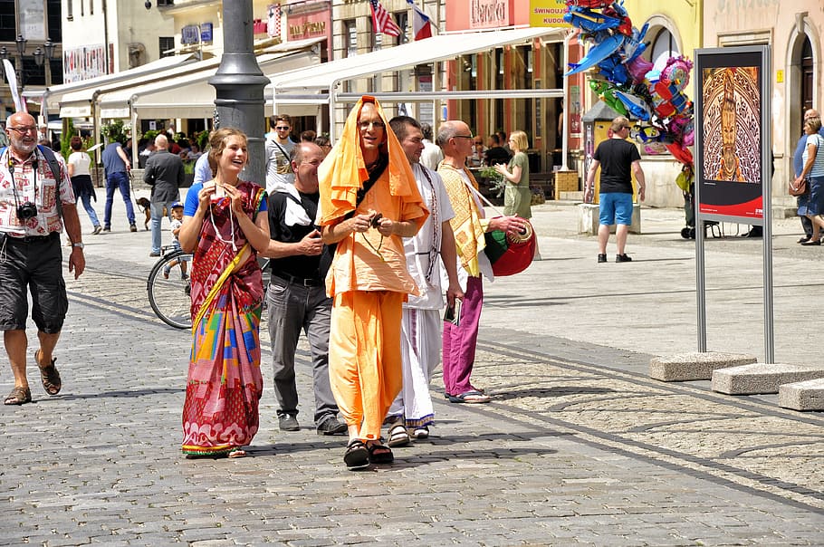 hare krishna, culture, religion, the art of, street, people, joy, pedestrians, city, architecture