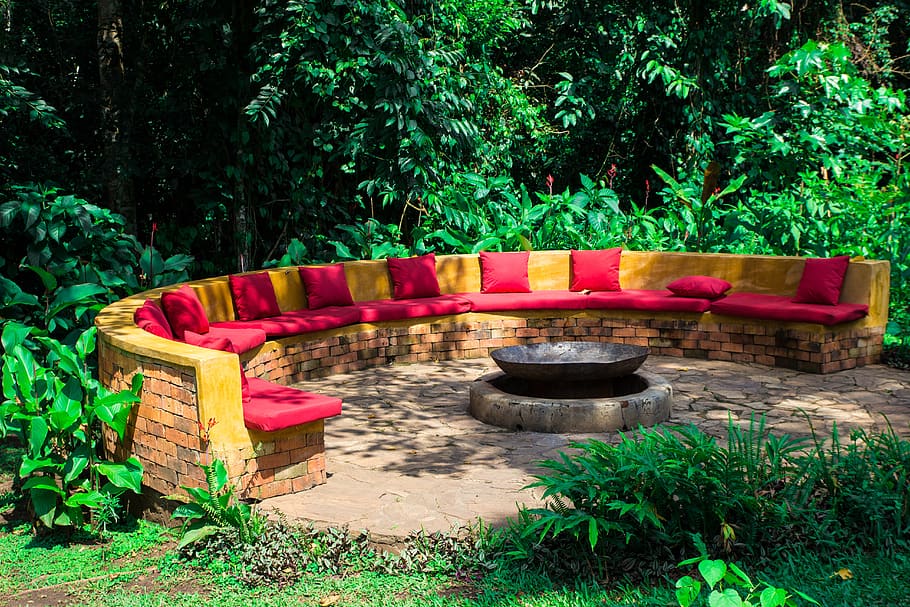 campfire, seat, red, green, seats, ash, burn, plant, tree, nature