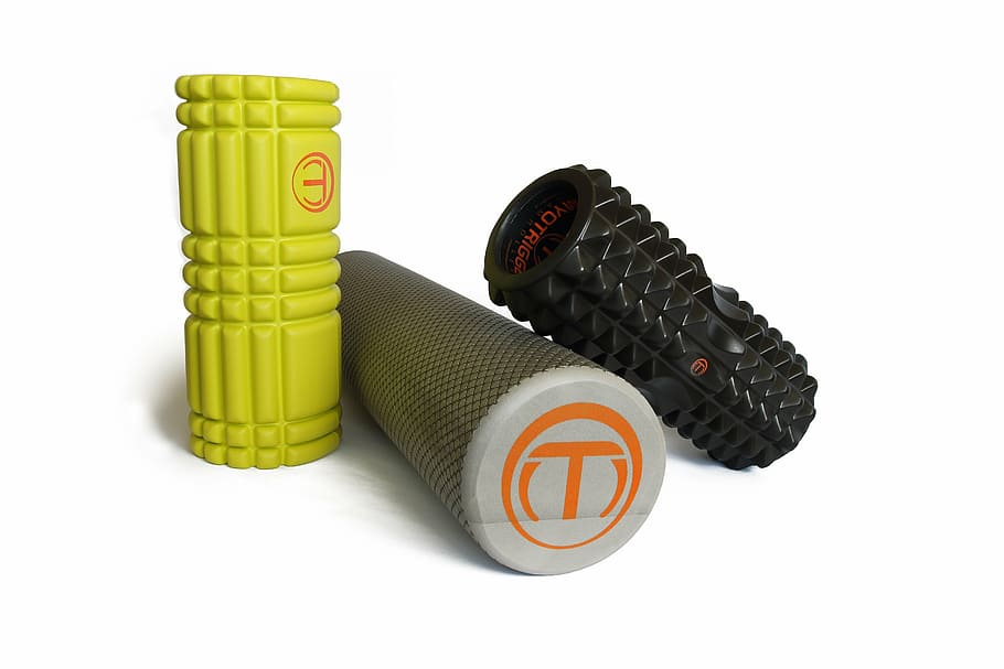 three, assorted-color roll exercise equipments, exercise, workout, yoga, foam roller, myotrigger, foam rollers, foamroller, trigger point