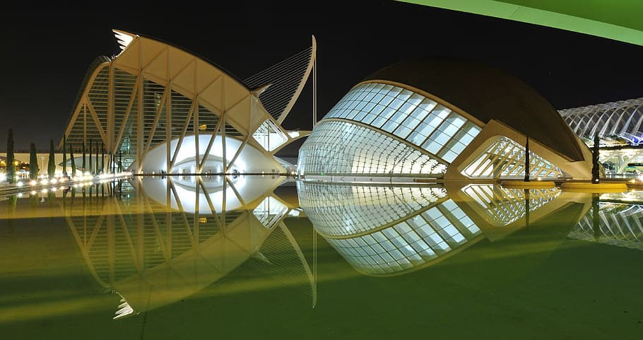 architecture, santiago calatrava, reflection, water, pond, city, tourism, spain, valencia, city of the arts
