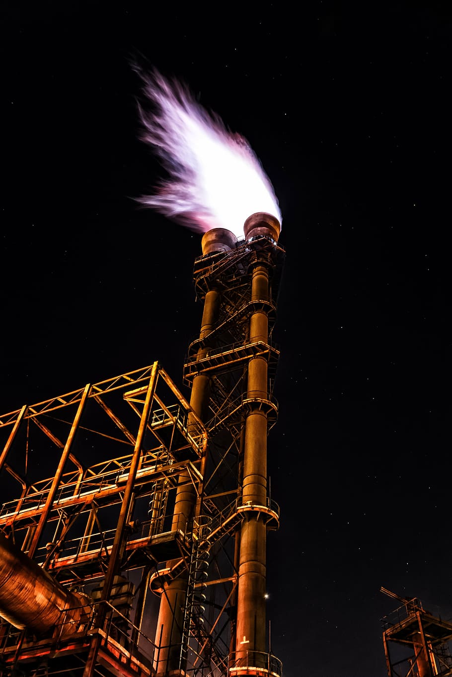 low-angle photography, industrial, warehouse, fire, flame, flaring, torch, hot, heat, burn