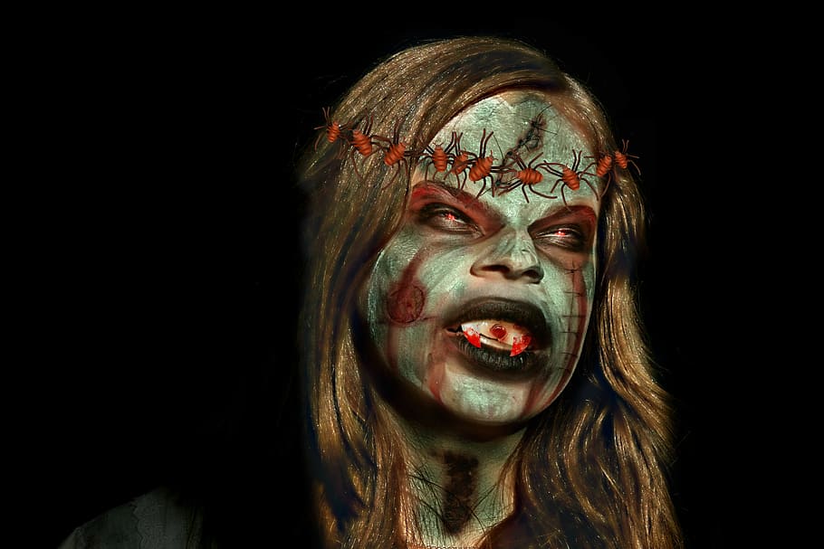 brown, hair woman, face paint, halloween, monster, horror, girl, vampire, blood, cockroach