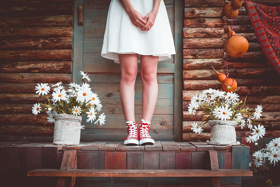 woman, wearing, white, dress, red, sneakers, wedding, house, people, room